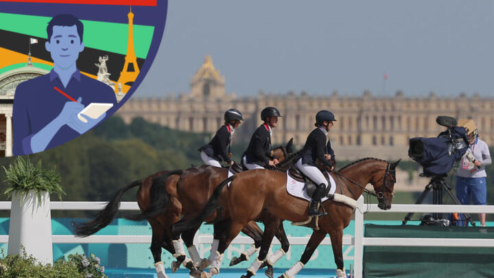 Great Britain's gold medallists Rosalind Canter, Laura Collett and Tom McEwen take a victory tour in front of the Palace of Versailles outside Paris on July 29, 2024.